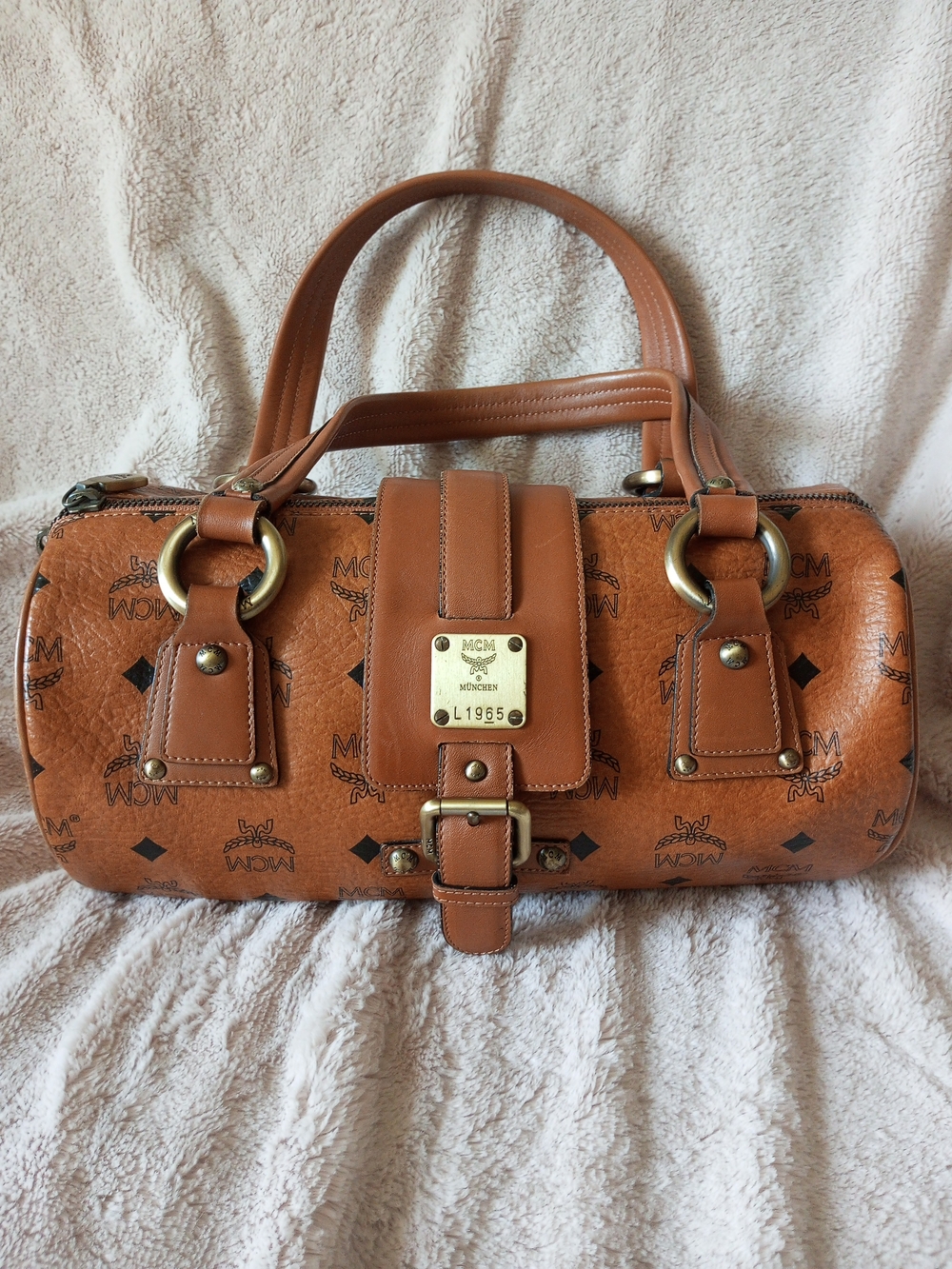 MCM Cognac Visetos Barrel Satchel Bag